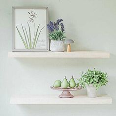 two white shelves with plants and fruit on them in front of a framed photograph above