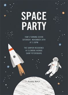 the space party flyer is designed to look like an astronaut in outer space, with a rocket