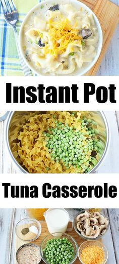 three different bowls filled with pasta, peas and other ingredients to make an instant pot