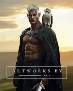 a man with an eagle on his shoulder and the words art works by rokii