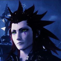 an animated image of a male character with green eyes and spiked hair, standing in front of a blue background