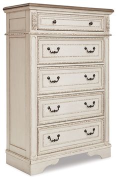 an old white dresser with drawers and knobs on the bottom drawer, isolated against a white background