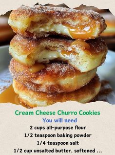 three cream cheese churro cookies stacked on top of each other with the recipe below