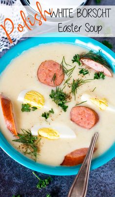 a bowl of soup with sausage, eggs and parsley on the side next to a spoon