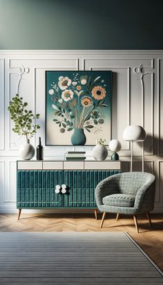 a living room scene with focus on the sideboard and flowers painted on the wall