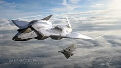 an artist's rendering of a spacex jet flying above the clouds