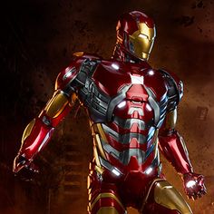 an iron man standing in front of a dark background