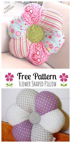 three different pictures with flowers on them and the text, free pattern flower shaped pillow