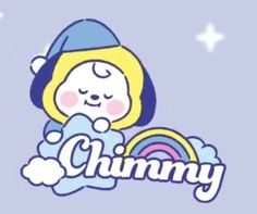 the word chummy is written in blue and white with a cartoon girl holding a rainbow