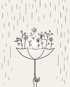 a black and white drawing of an open umbrella with flowers growing out of the inside