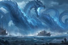 an image of a giant monster attacking ships in the ocean with huge blue waves crashing over them