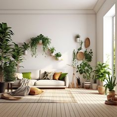 a living room with potted plants on the wall and wood flooring in front of it