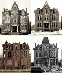 four different styles of old houses in black and white photos, one is an abandoned house