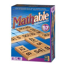 a game box for the board game mathable dominos, with numbers and letters on it