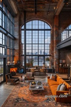 an industrial style living room with large windows