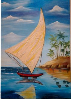 a painting of a sailboat on the water with palm trees and blue sky in the background