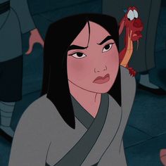 an animated image of a woman holding a dragon in her right hand and looking off into the distance