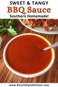 a bowl of sweet and tangy bbq sauce on a wooden table with the title above it