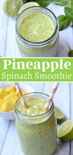 two mason jars filled with pineapple spinach smoothie next to sliced limes