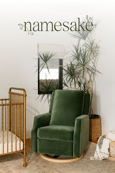 a baby's room with a rocking chair, crib and potted plants