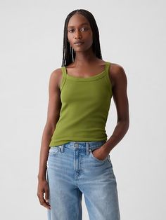 Modern Rib Tank Top | Gap Gap Stretch Seamless Tops, Gap Seamless Summer Tops, Spring Stretch Tank Top For Everyday, Green Scoop Neck Tank Top For Everyday, Everyday Green Scoop Neck Tank Top, Sleeveless Gap Tops For Everyday, Sleeveless Everyday Tops By Gap, Gap Sleeveless Tops For Everyday Wear, Fitted Cami Tops By Gap