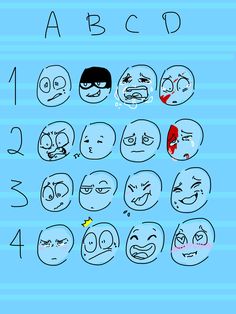 cartoon faces with different expressions and numbers on blue paper, including the upper half of each face