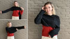 a woman wearing a black and red sweater poses in front of a brick wall with her hands on her head