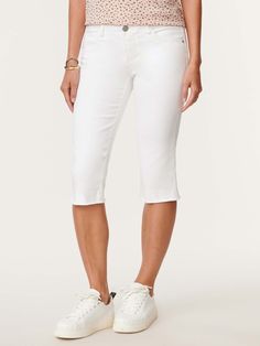 A fresh for warm-weather length and wash cut from soft-stretch premium denim for all-day comfort. This Capri length "Ab"solution® white skimmer jean is designed with power-mesh panels for total tummy control, a no-gap elastic waistband, and curved shaped pockets along with a sweetheart yoke for an instant "booty lift!" Optic white stretch jean Mid-rise Zipper fly with button closure Destruction detail Five-pocket style that includes and angeled coin pocket for a figure-flattering effect Skimmer White Knee-length Capris For Spring, White Knee-length Spring Capris, White Knee-length Capris For Summer, White Stretch Short Jeans, White Stretch Jeans Short Length, White Capris For Summer, White Stretch Jeans For Summer, White Mid-rise Capris For Summer, White Short Length Summer Capris