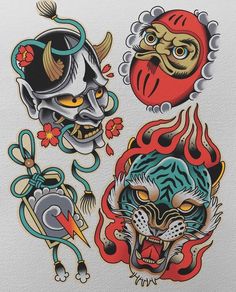 some tattoos that are on the side of a white paper sheet with red and blue designs