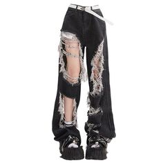 Downtown Girl Aesthetic Destroyed Jeans | BOOGZEL CLOTHING – Boogzel Clothing High Waist Ripped Jeans, Black Jeans Pants, Wide Leg Black Jeans, Denim Wide Leg Pants, Ripped High Waisted Jeans, Fashion Trousers, Mode Emo, Baggy Streetwear, Ripped Pants