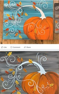 two pumpkins painted on canvases with white swirly paint, one in orange and the other in blue