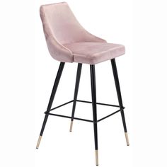 a pink velvet bar stool with black legs and gold accents on an isolated white background