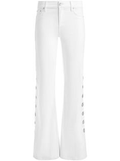 white cotton blend stretch-design low-rise belt loops front button and zip fastening classic five pockets side grommet cutouts flared Bohemian Wedding Guest, Versace Outfit, Yoko London, City Dress, Demi Fine Jewelry, Jeans White, Summer Beach Wear, Low Rise Jeans, Boots And Sneakers