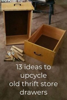 an old thrift store drawer with the words 13 ideas to upcycle old thrift store drawers