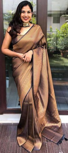 Blue, Gold color Saree in Art Silk, Silk fabric with Weaving, Zari work Saree Celebrity, Saree Red, Draping Styles, Saree Black, New Saree Blouse Designs, Saree Draping, Peach Colour, Saree Banarasi, Blouse Back