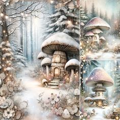 a snow covered forest scene with mushrooms and houses in the woods, surrounded by christmas lights