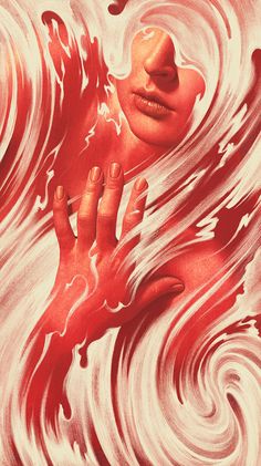 a painting of a woman's face with her hands in the air, surrounded by swirling red and white paint