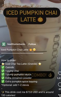 the iced pumpkin chai latte recipe is shown in this screenshot with instructions on how to make it