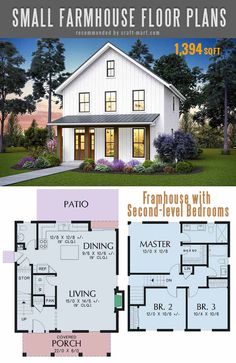 two story house plan with second level bedroom and living room in the middle, small farmhouse floor plans