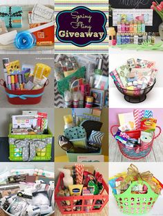 a collage of different baskets filled with items