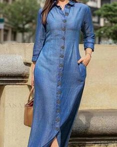 Lasaky - Sophisticated and Fashionable Long Sleeve Collared Cardigan Denim Maxi Dress in a Classic Solid Color Loose Denim Dress, Long Sleeve Denim Dress, Button Maxi Dress, Denim Skirt Fashion, Robes Glamour, Robes D'occasion, Moda Denim, Spring Maxi Dress, Denim Maxi Dress