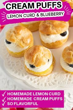 homemade lemon cream puffs on a white plate with text overlay that reads, ice cream puffs lemon curd and blueberry