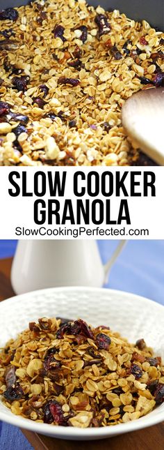 a bowl filled with granola sitting on top of a wooden table next to a white plate