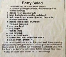 a menu listing the ingredients for betty salad