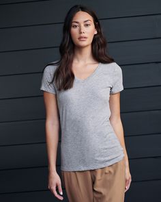 We're upgrading your basics with cotton modal. This super soft and stretchy cotton blend is wrinkle-resistant with a flattering, smooth finish. It's easygoing for everyday wear, and has comfy wearability to pair with any outfit.  | Quince | Women's Cotton Modal V Neck T-Shirt in Heather Grey, Size XS, Cotton/Modal Womens Wide Leg Pants, Great T Shirts, Cool Tees, Quince, V Neck Tee, Straight Leg Pants, Wide Leg Pants, Neck T Shirt, Heather Grey