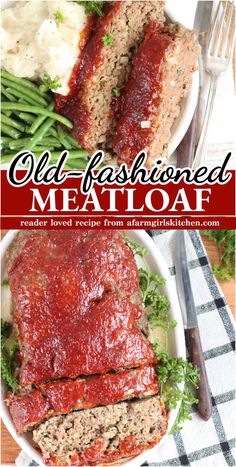 meatloaf with sauce and green beans in a white bowl on a checkered table cloth