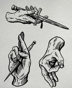 two hand drawn images of hands holding knives and pointing fingers at something in the air