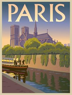 an image of a poster for paris with people on a boat in the river and cathedral behind it