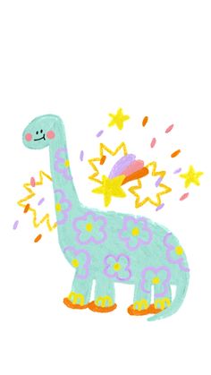 a drawing of a dinosaur with stars and confetti