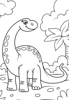 a cartoon dinosaur is standing in the grass with palm trees and clouds behind him, coloring page